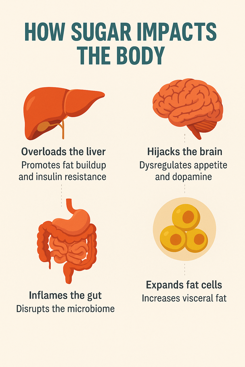 An infographic or medical-style illustration showing how sugar impacts different parts of the body—liver, gut, brain, fat cells.