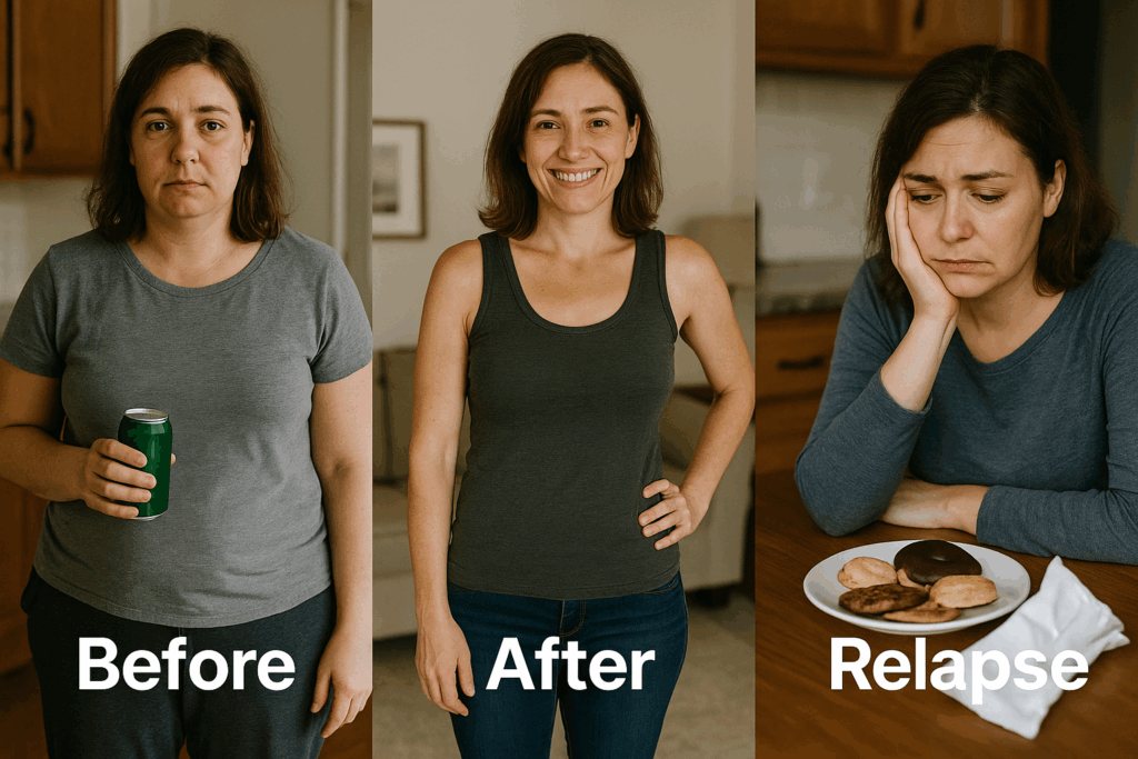 A photo collage: before/after weight loss, then relapse weight gain