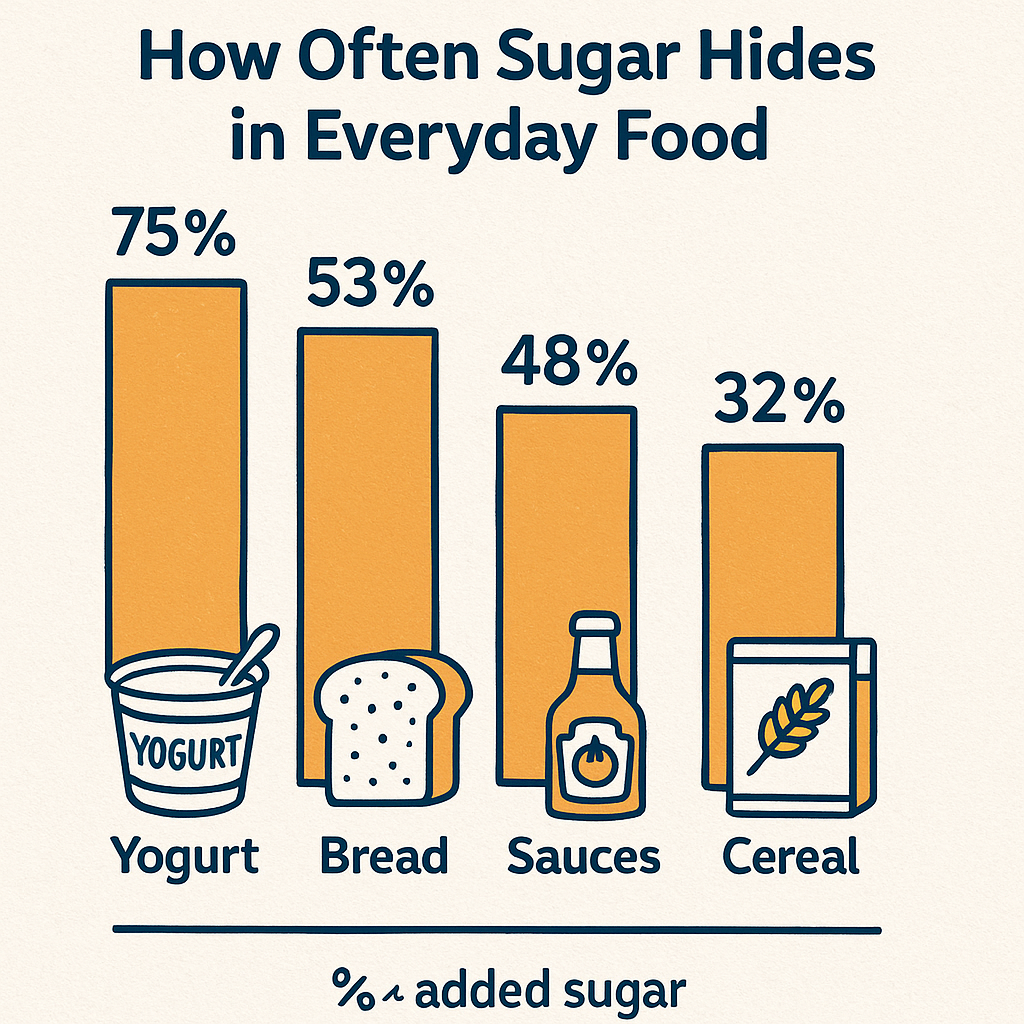 sugar is commonly found on all types of foods, where you wouldn't expect it to be